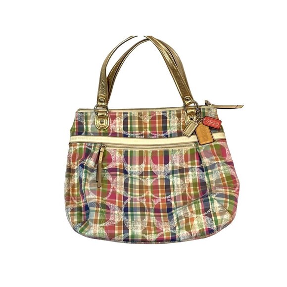 COACH Tote Shoulder Bag Poppy Multi Madras Signature Pastel Plaid Sequins - Picture 2 of 14